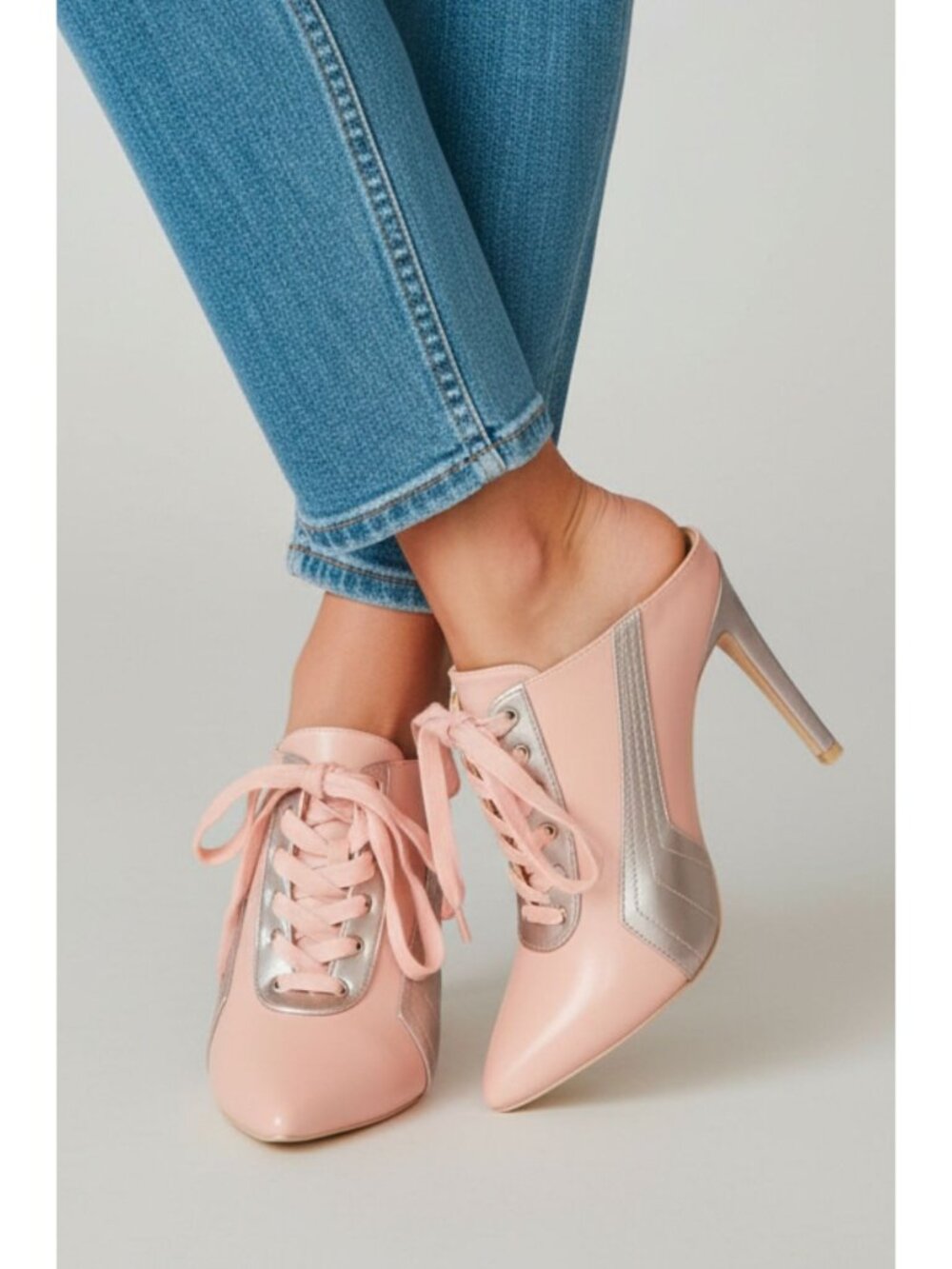 Pink & Silver Pointed Toe Lace-Up Stiletto Heel Mules For Women